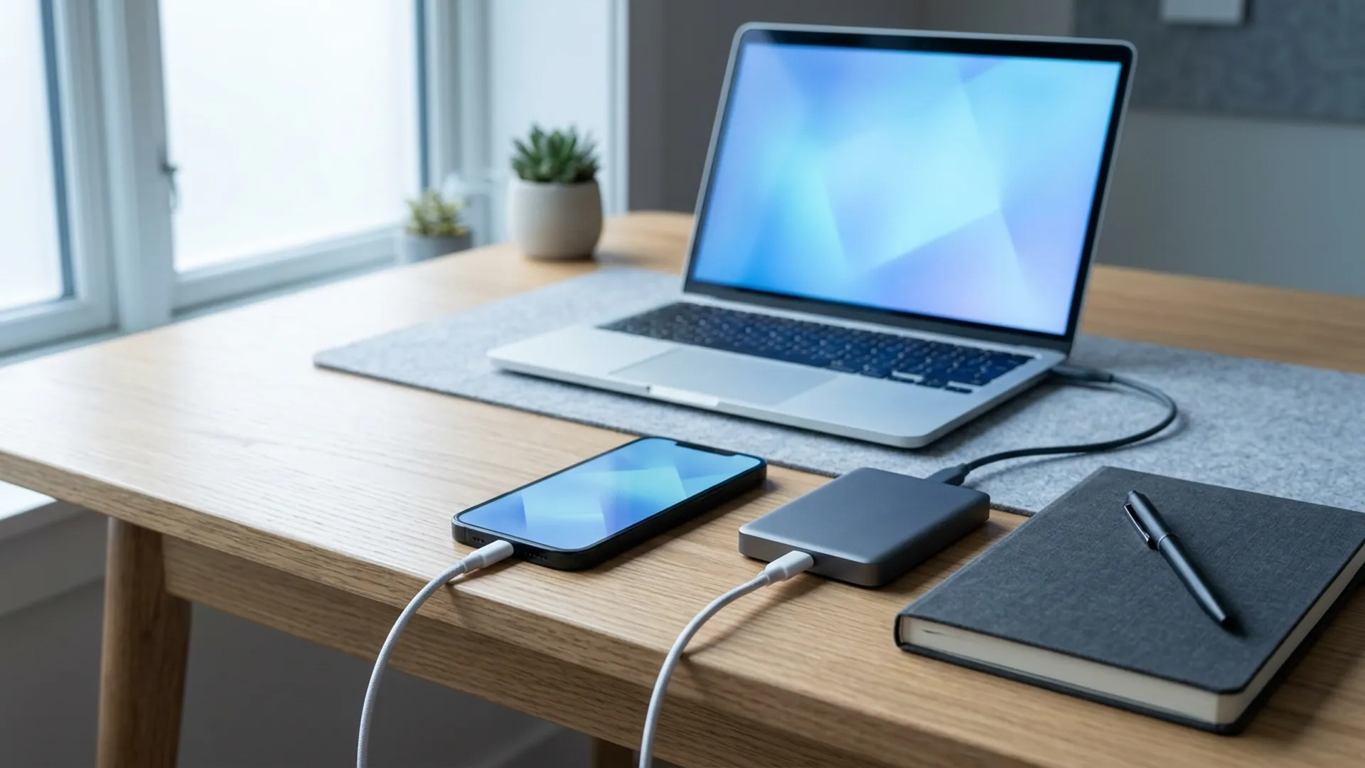 Móvil conectado por cable a una laptop y un disco externo sobre el escritorio, listo para la copia