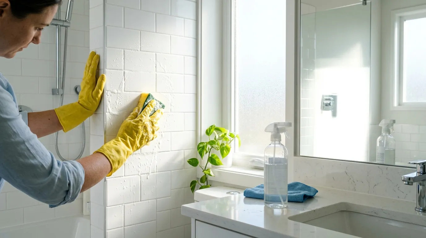Persona con guantes de goma limpiando el plato de ducha y los accesorios del baño con cepillo y esponja