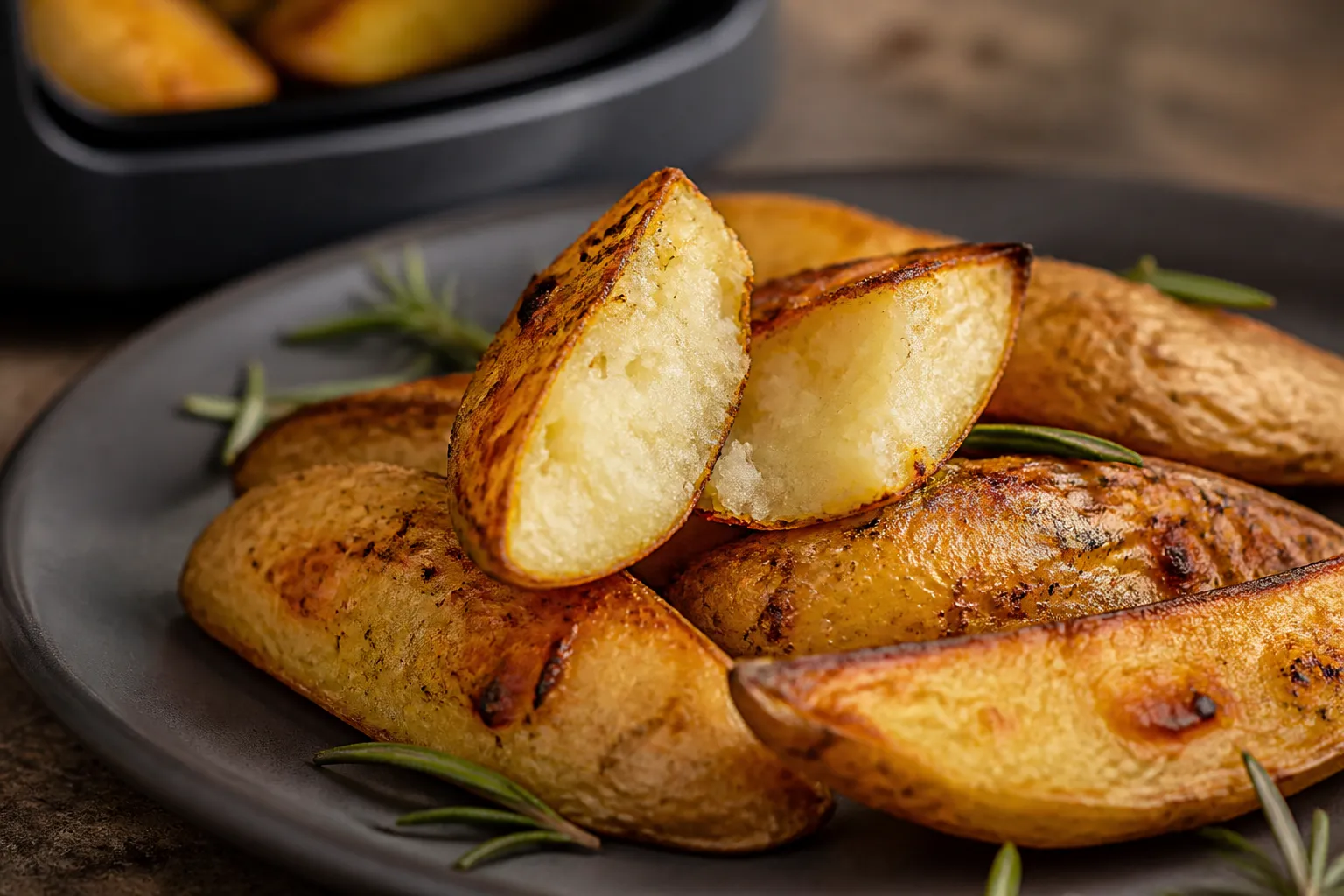 Detalle de la costra dorada y el interior tierno de las patatas rústicas, con ramitas de romero