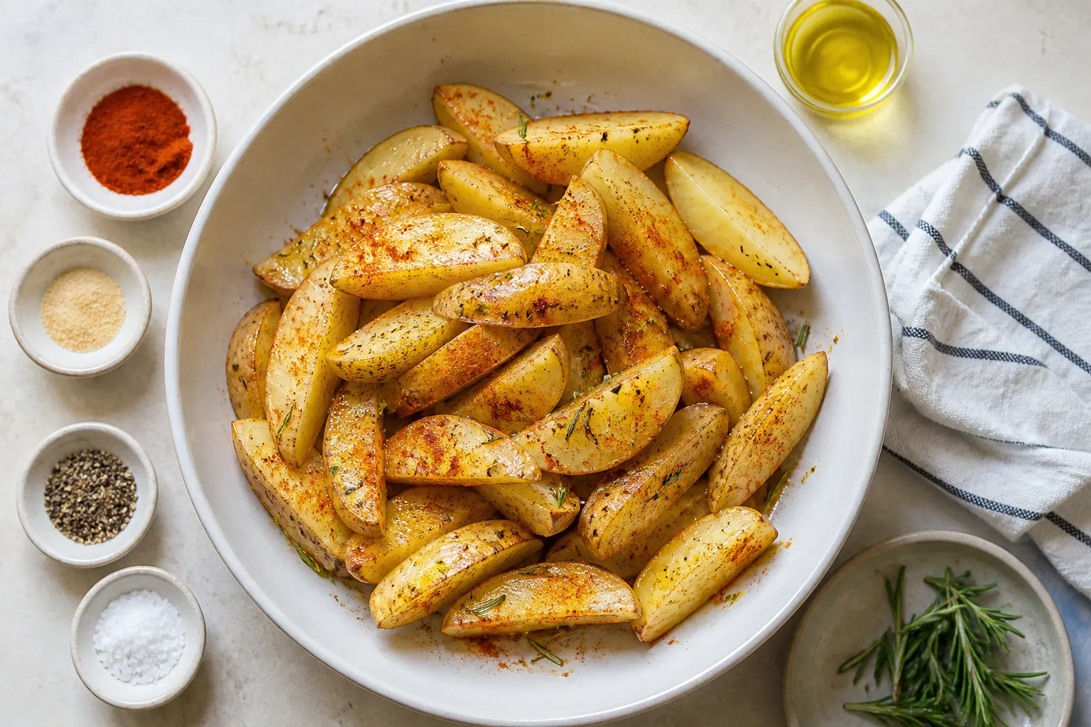 Gajos de patata uniformes cubiertos de aceite y especias, con cuencos de pimentón, ajo en polvo, sal y pimienta alrededor