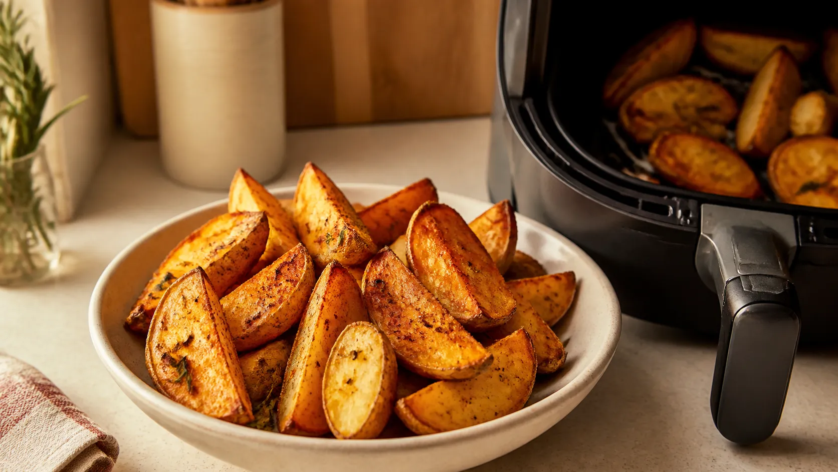 Patatas rústicas doradas y crujientes servidas en un bol rústico, con la air fryer abierta al fondo