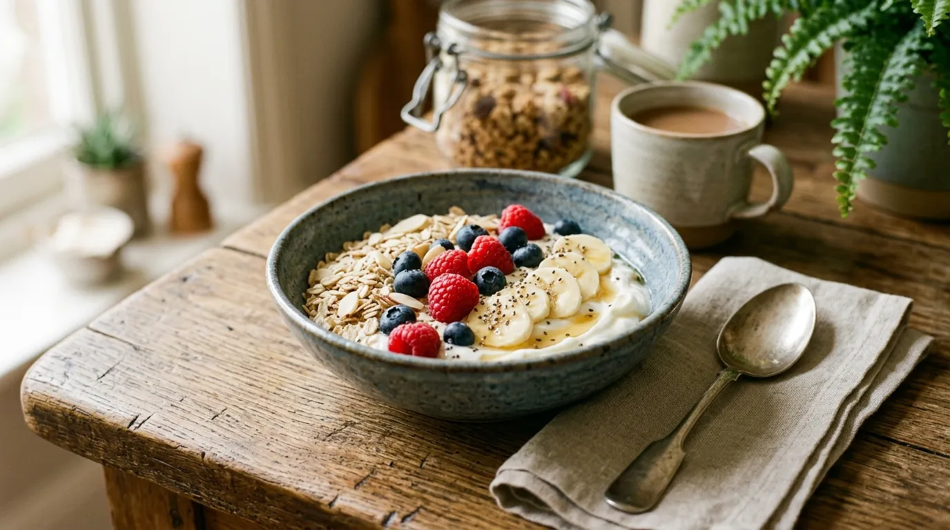 Mesa de desayuno con huevos revueltos, pan integral, yogur con fruta y un puñado de frutos secos