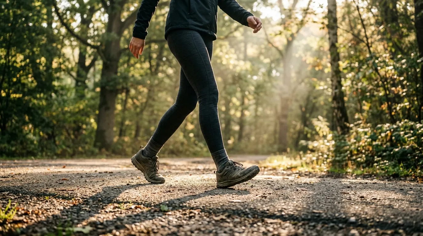 Persona caminando por una acera con árboles al comienzo de la mañana