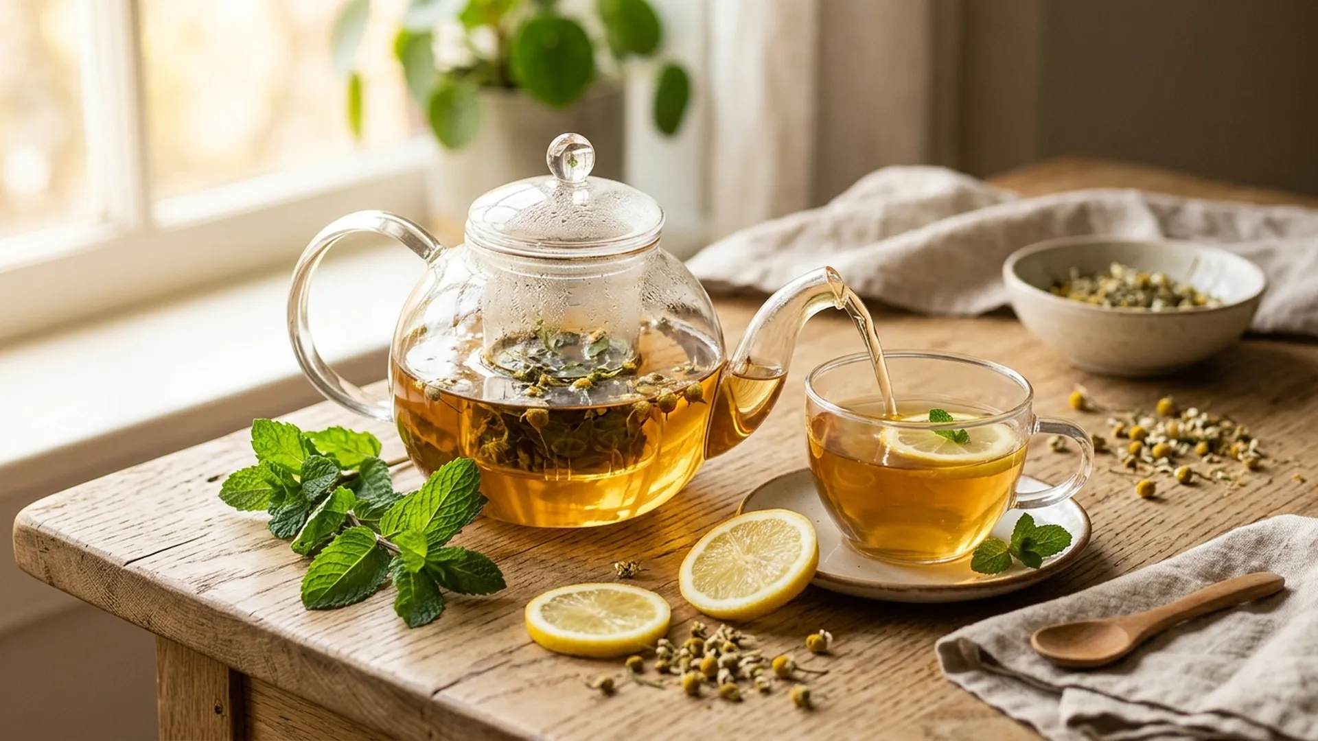 Tetera de vidrio y taza de té de hierbas con menta y manzanilla sobre mesa de madera