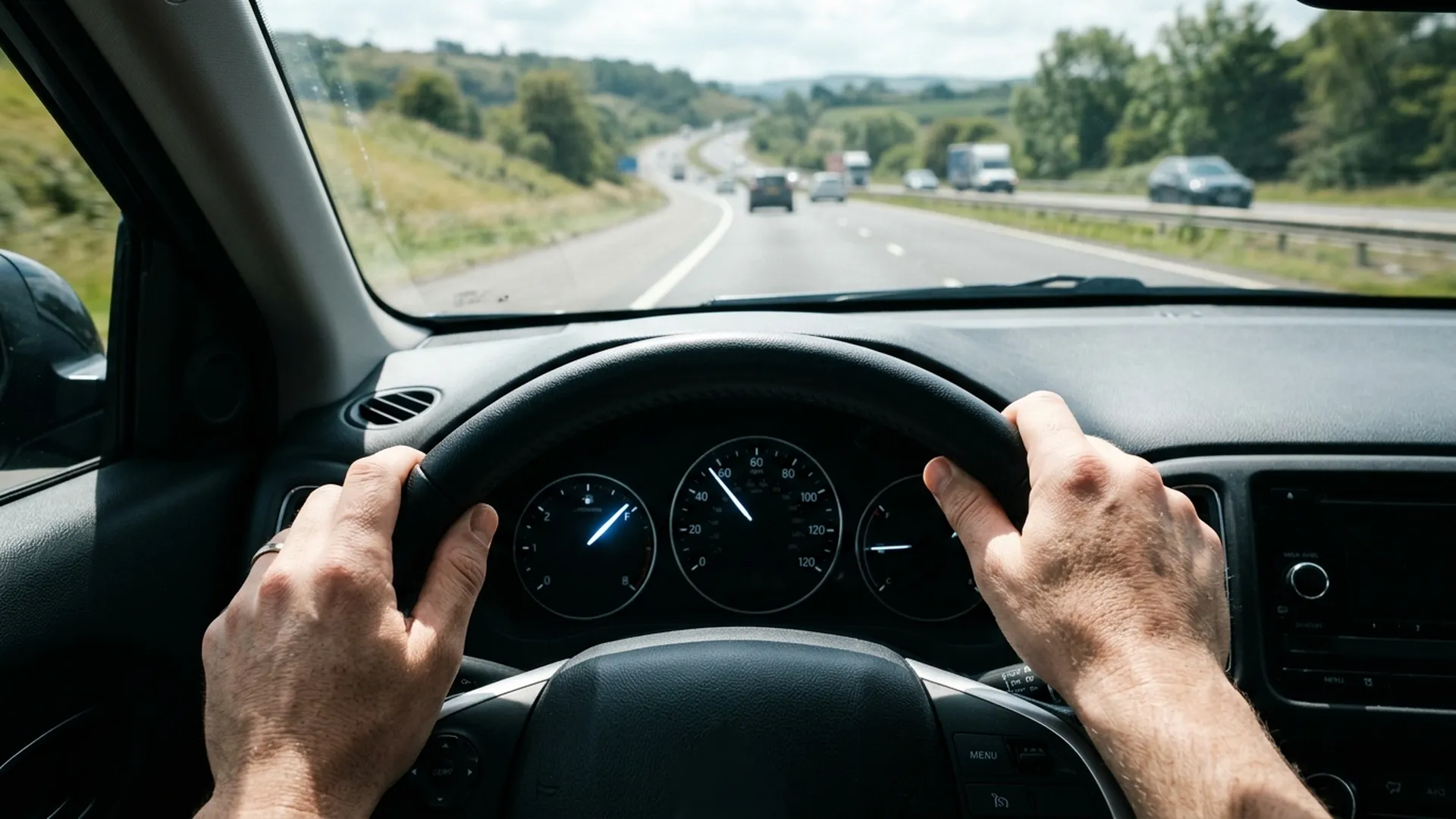 Vista desde el interior de un auto en movimiento, con las manos del conductor en el volante y el tablero de instrumentos al frente