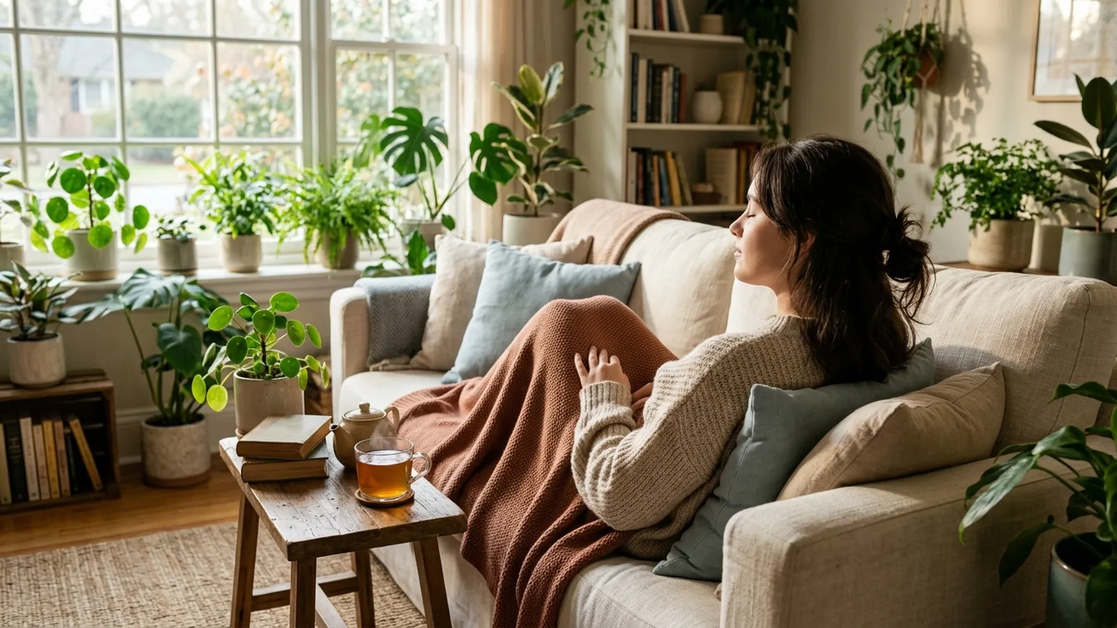 Persona sentada junto a una ventana respirando despacio con una taza en la mano