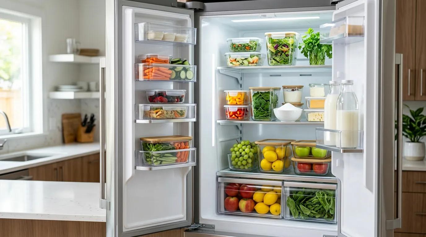 Refrigerador limpio y organizado con alimentos guardados en recipientes cerrados