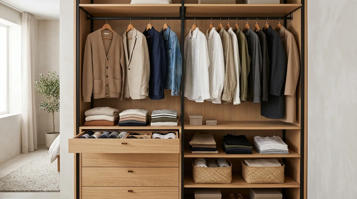 Armario ordenado con camisas dobladas en pilas, ropa en perchas iguales y cajas etiquetadas en la estantería de arriba