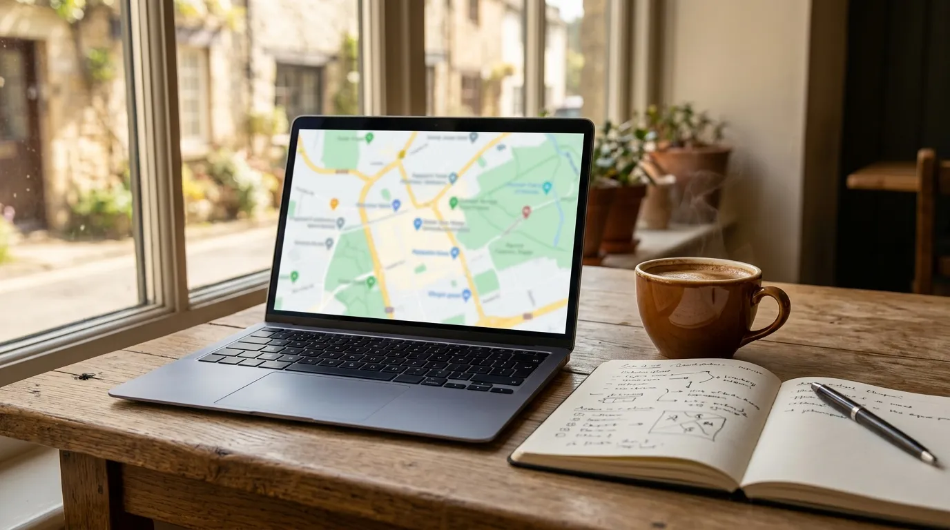 Persona viajera comparando alojamientos en una computadora junto a un mapa y varias notas