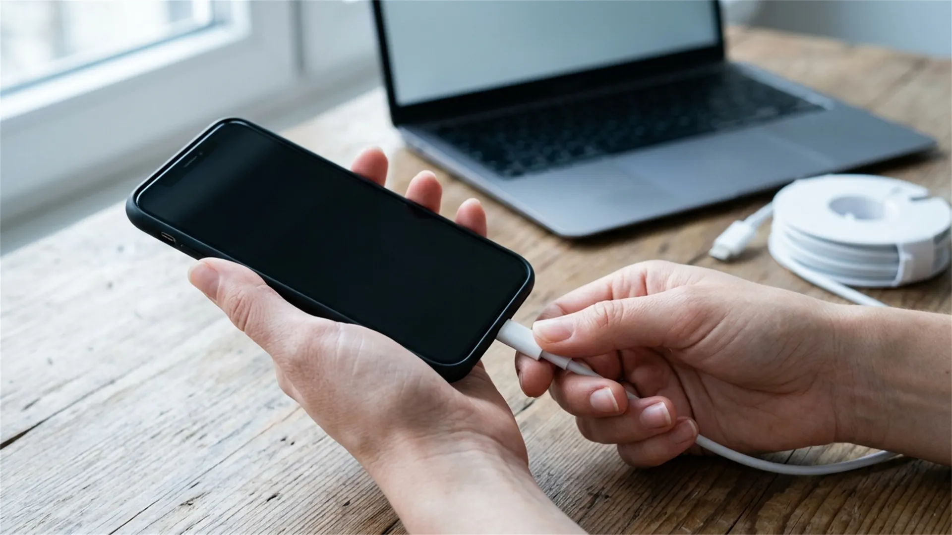 Primer plano de una mano conectando el cable al móvil, con portátil y disco al fondo