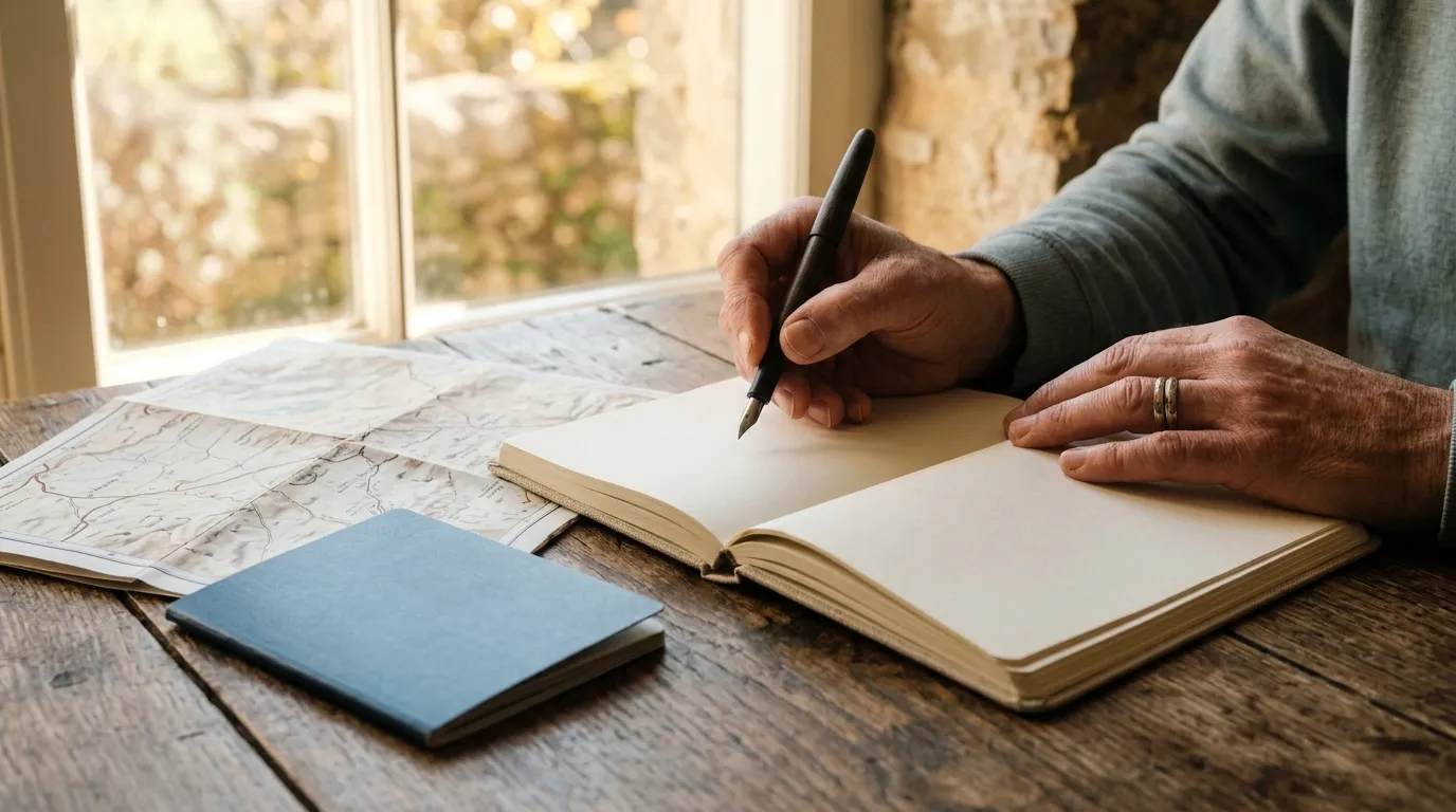 Persona escribiendo el itinerario en un cuaderno junto al pasaporte y el mapa