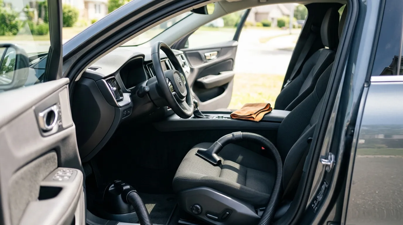 Interior limpio de un auto, con tablero de acabado mate y un paño de microfibra sobre el asiento