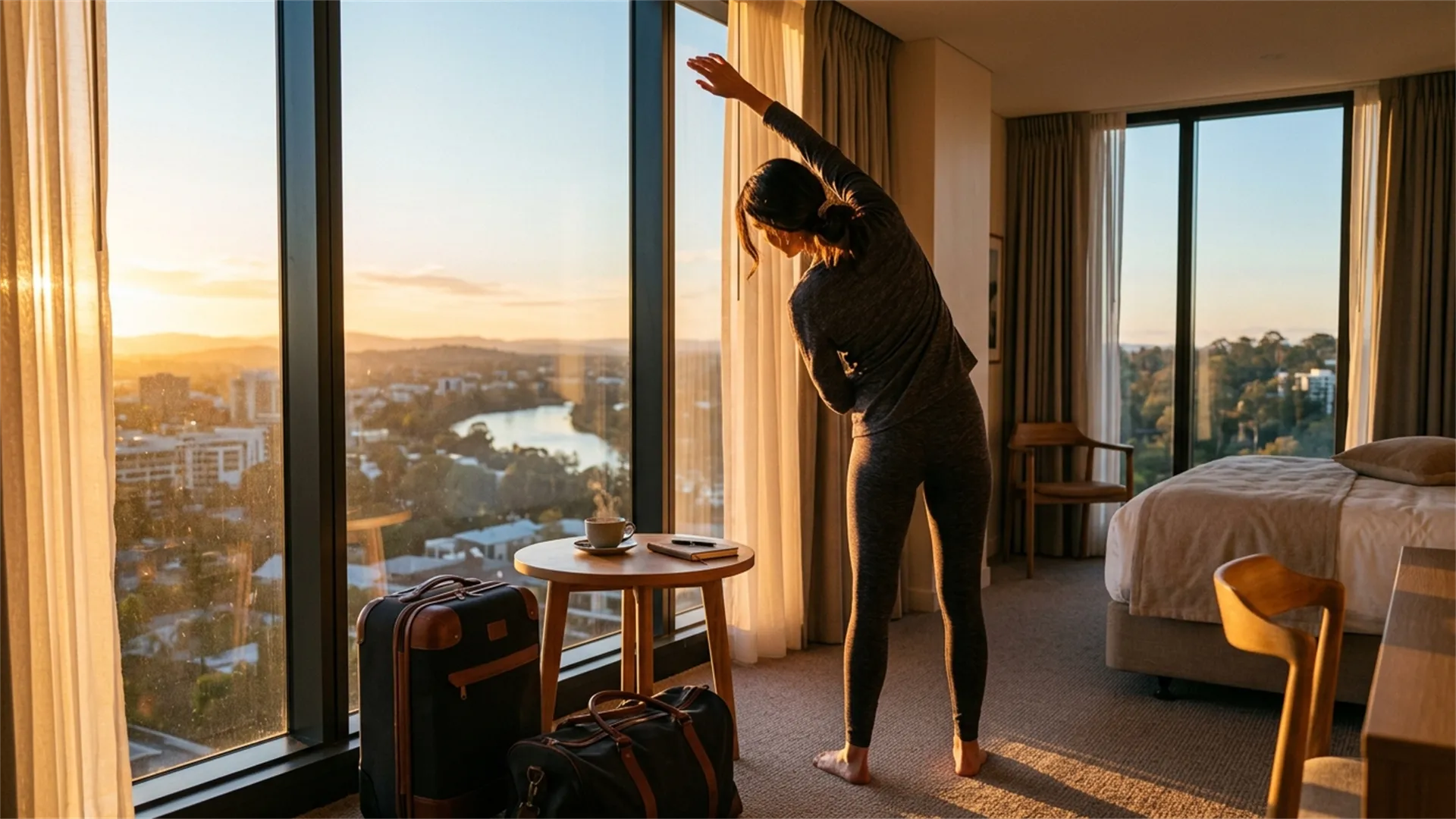 Mujer con ropa deportiva estirándose en una habitación de hotel al amanecer, con vista panorámica de la ciudad y el lago por la ventana y maletas al lado