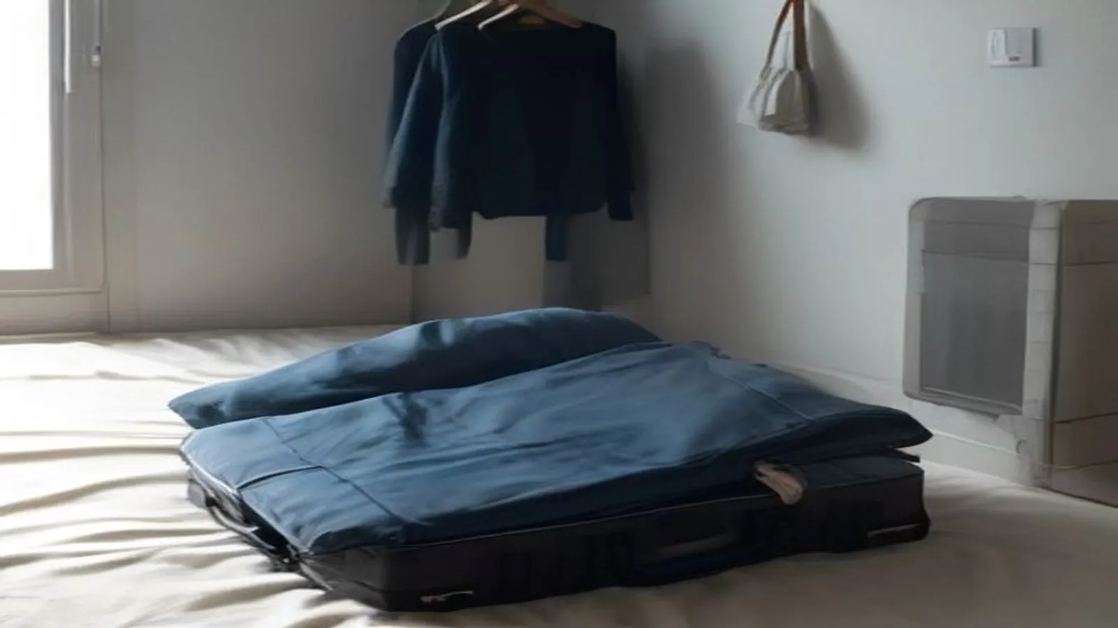 Maleta abierta sobre una cama con ropa enrollada, cubos organizadores, zapatos e ítems de viaje ordenados