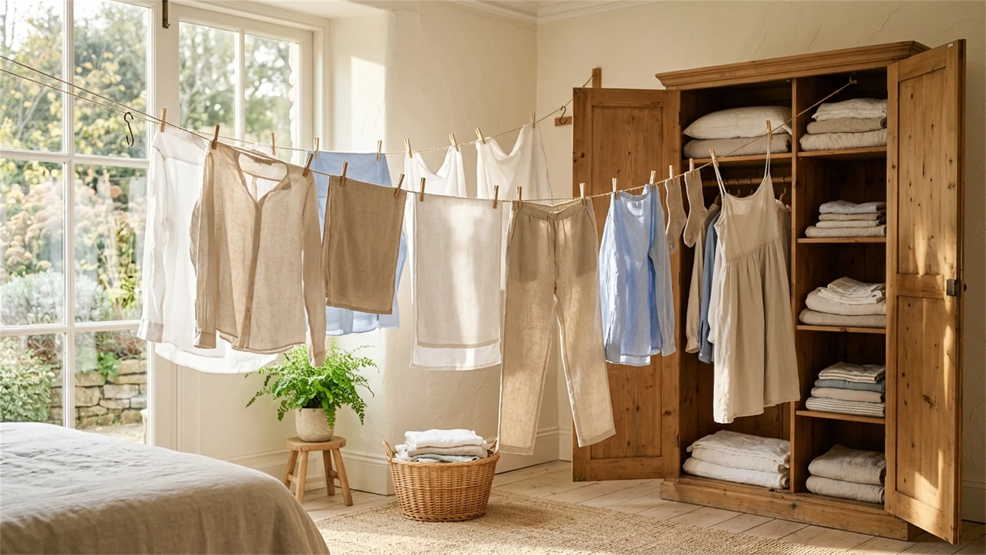 Ropa con olor a moho colgada para ventilar al sol, con un recipiente de vinagre blanco y bicarbonato de sodio al lado