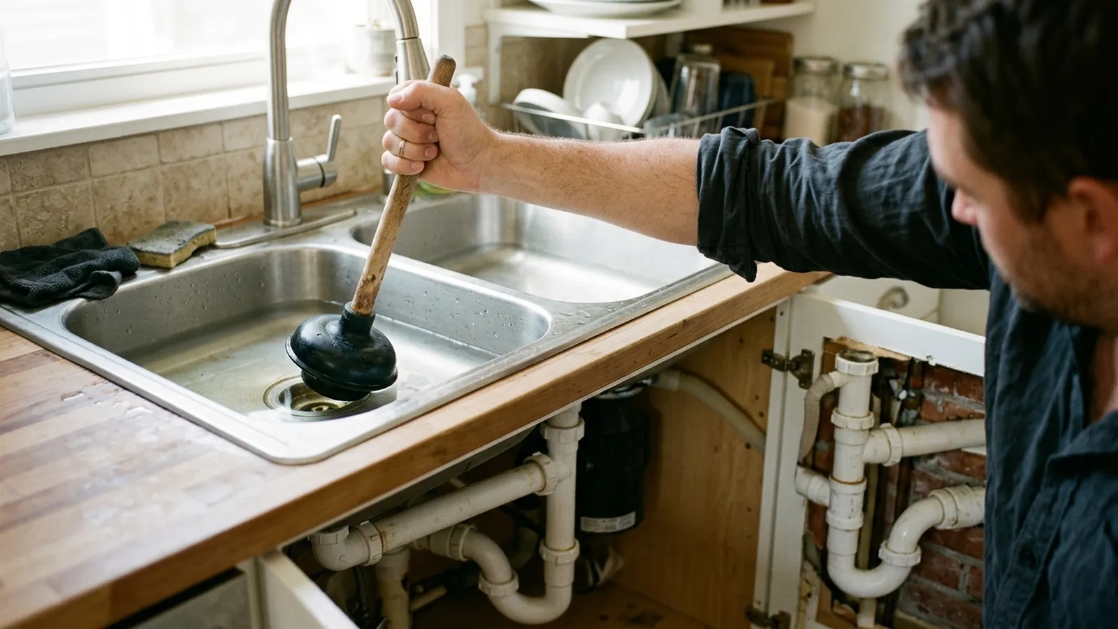 Fregadero de cocina con agua acumulándose en el fondo y un desatascador de goma apoyado en el borde