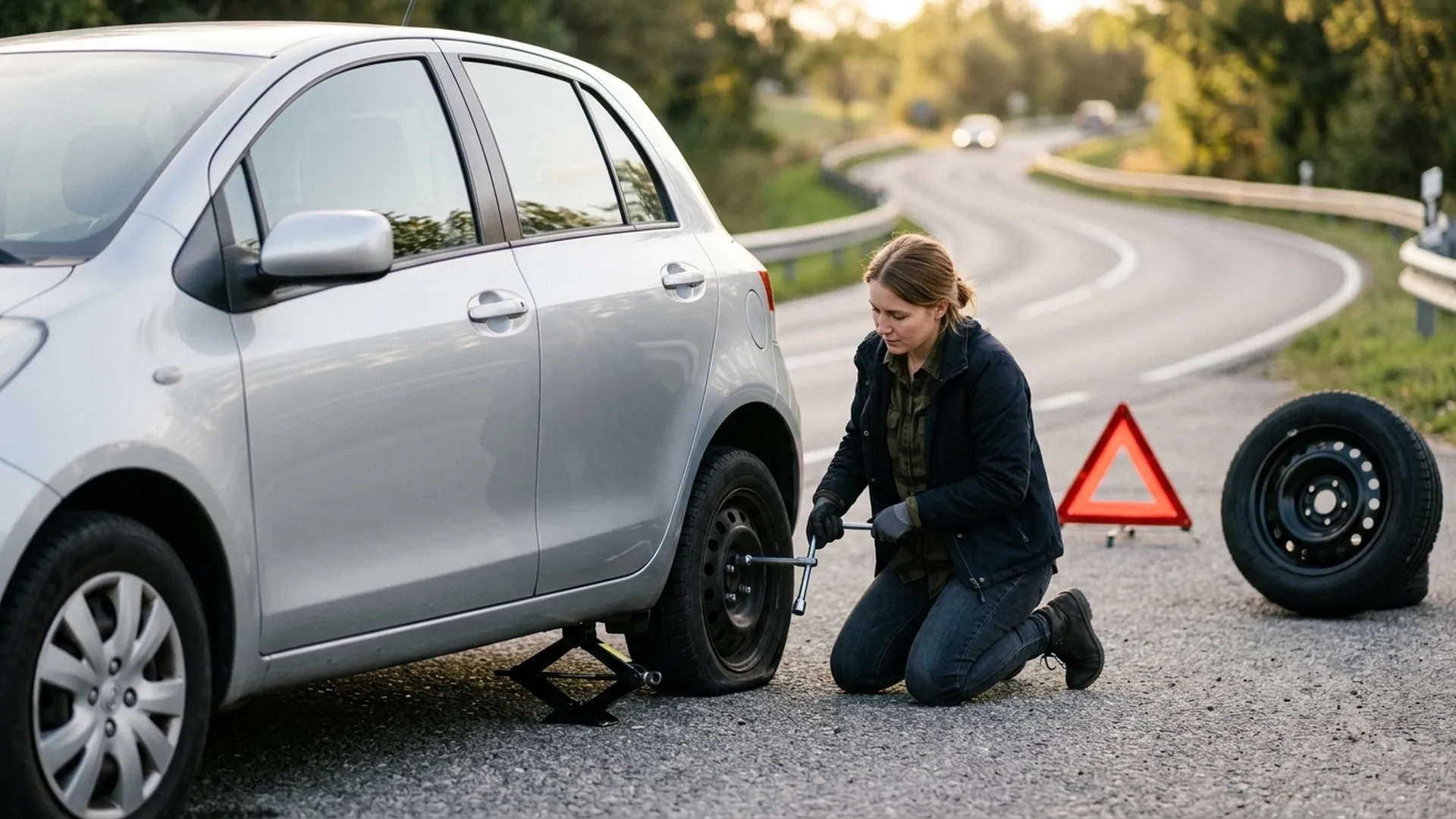 Persona cambiando una llanta pinchada en el acotamiento con un triángulo de seguridad detrás del coche