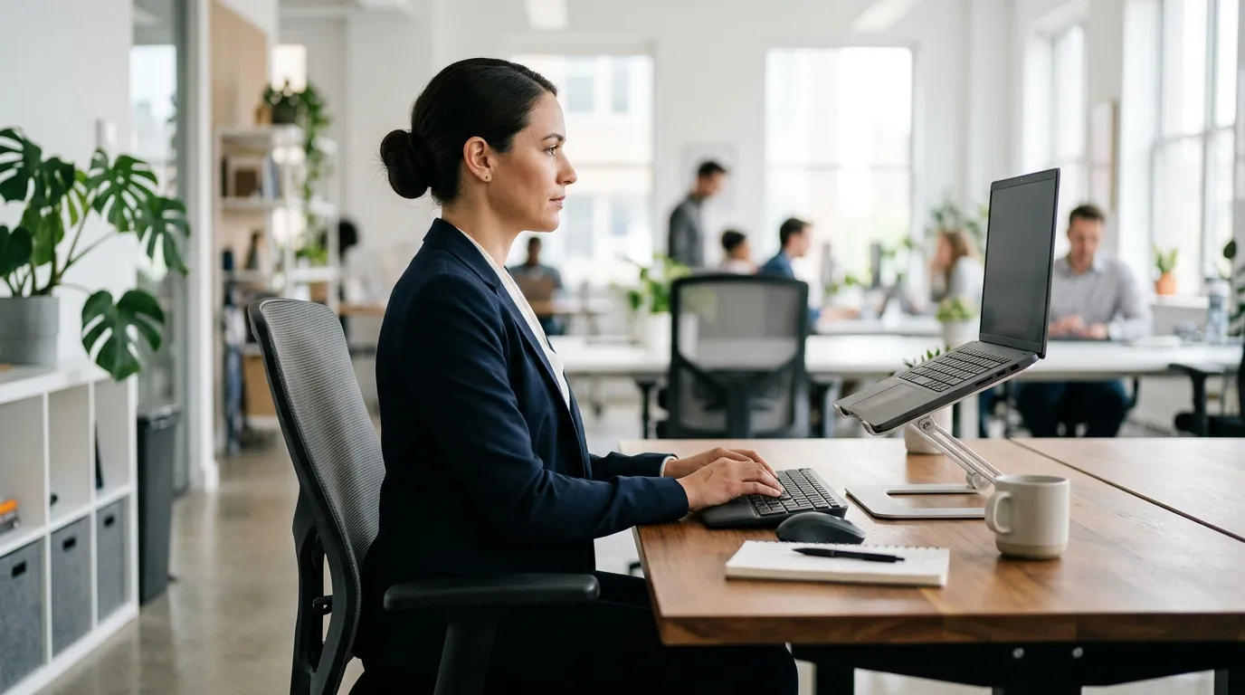 Persona sentada frente al computador con pantalla, brazos, espalda y pies bien apoyados
