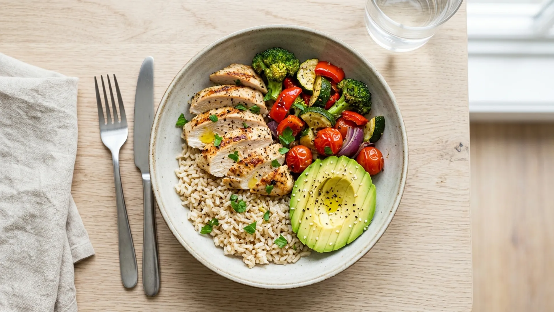 Plato dividido con verduras coloridas, una porción de pollo a la plancha y arroz integral al lado