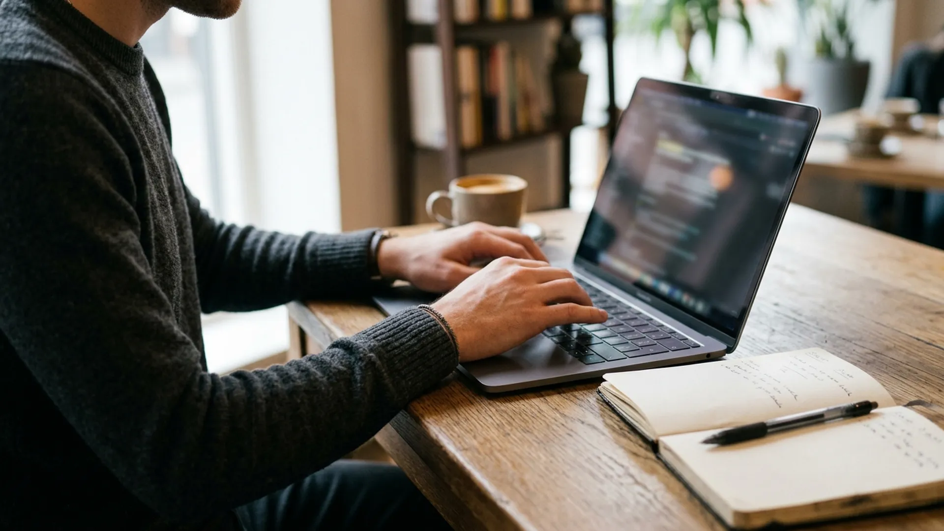 Una persona con suéter gris escribiendo en una laptop sobre una mesa de madera, con una taza de café y una libreta abierta al lado