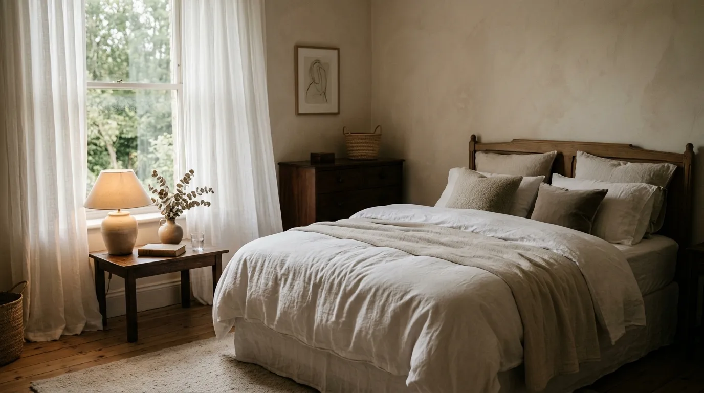 Habitación acogedora con cama de ropa blanca y manta beige, respaldo de madera, ventana con cortina clara y árboles al fondo, y mesa de luz con lámpara encendida, un libro y un vaso de agua