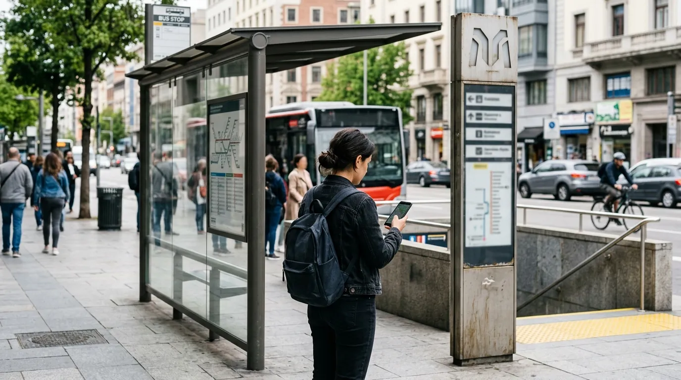Persona viajera consultando un mapa de transporte público en la estación de una ciudad desconocida
