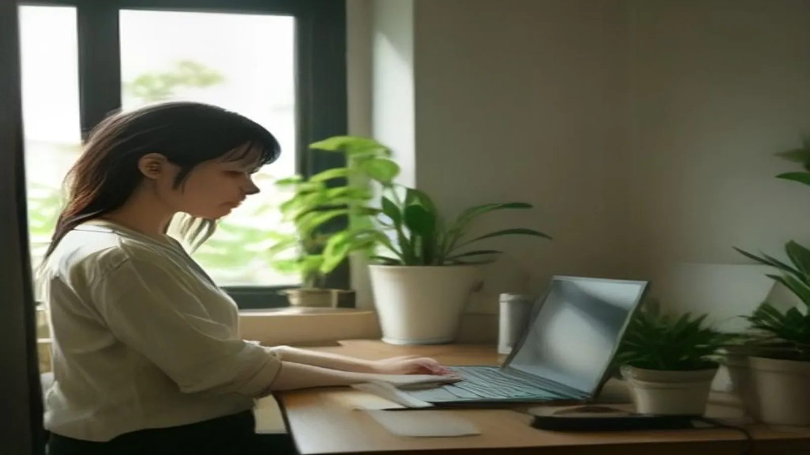 Persona apartando la mirada del computador hacia una ventana para descansar los ojos