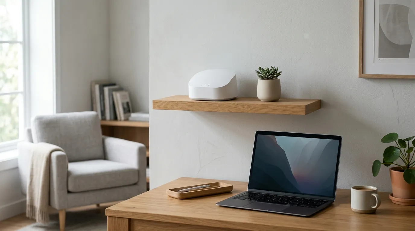 Router Wi-Fi sobre un estante alto en una sala luminosa con las antenas levantadas